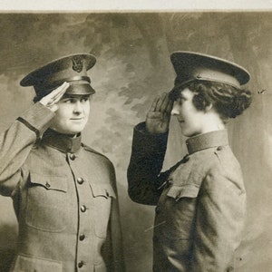 Women in MILITARY UNIFORM Saluting Each Other in WWI Era  c1918 Photo Postcard