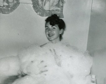 Pretty Young Woman Surrounded by BUBBLES in BATHTUB in FUN 1950s Snapshot Photo