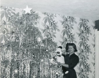 Woman Holding Stuffed PANDA BEAR in Front of Tinseled Star Topped CHRISTMAS Tree 1953 Snapshot Photo