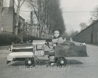 Little Boy Riding AMAZING Train Locomotive PEDAL CAR - 1948 Photo