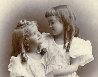 Two Adorable LITTLE SISTERS with Ringlets in Their Hair in AFFECTIONATE Pose - Minneapolis, Minnesota - 1890s Cabinet Card Photo by Rugg