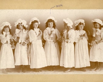 Seven Little Girls in WHITE BONNETS and GOWNS - Original Cabinet Photo circa 1910s