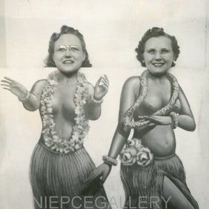 Women in RISQUE HULA SKIRTS - 1940s Novelty Arcade Studio Prop Photo