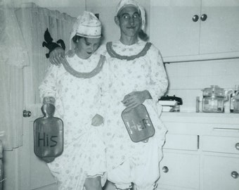 Couple In HALLOWEEN Costume - Nightgowns with HIS + HER Hot Water Bottles - 1950s Snapshot Photo