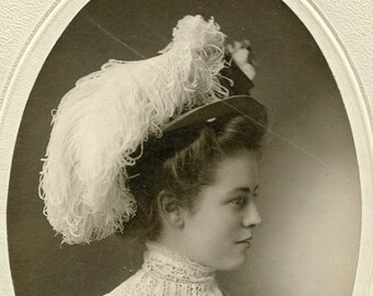 Beautiful Woman in STUNNING FEATHER HAT - Decatur, Illinois - c1910 Cabinet photo by Le Forgee