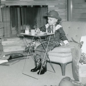 Little COWBOY Eating Lunch on TV TRAY - Americana - Slice of Life - 1950s Photo