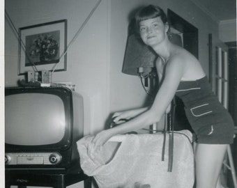 Woman IRONING CLOTHES in Living Room Next To TELEVISION Set in 1957 Photo