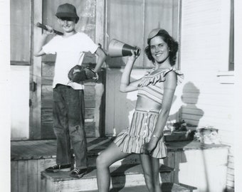 CHEERLEADER Sister Cheers on Little BASEBALL Player Brother with MEGAPHONE - 1947 Photo