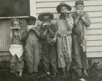 Young Boys EATING WATERMELON at the Side of the House in Little Rascals Styled Original 1920s Photo