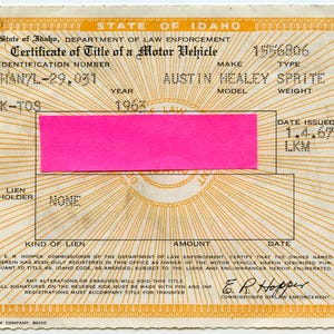 1963 AUSTIN HEALEY SPRITE Convertible - Vintage Historical Document Car Auto Title