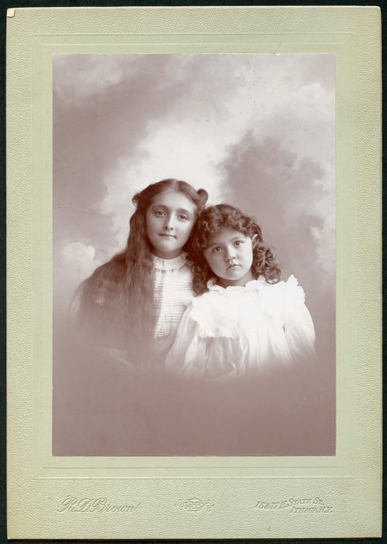 SISTERS in Adorable TENDER Portrait Identified 1890s Cabinet Photo by R. D. Brown Ithaca New York image 2