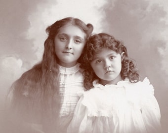 SISTERS in Adorable TENDER Portrait - Identified - 1890s Cabinet Photo by R. D. Brown - Ithaca New York