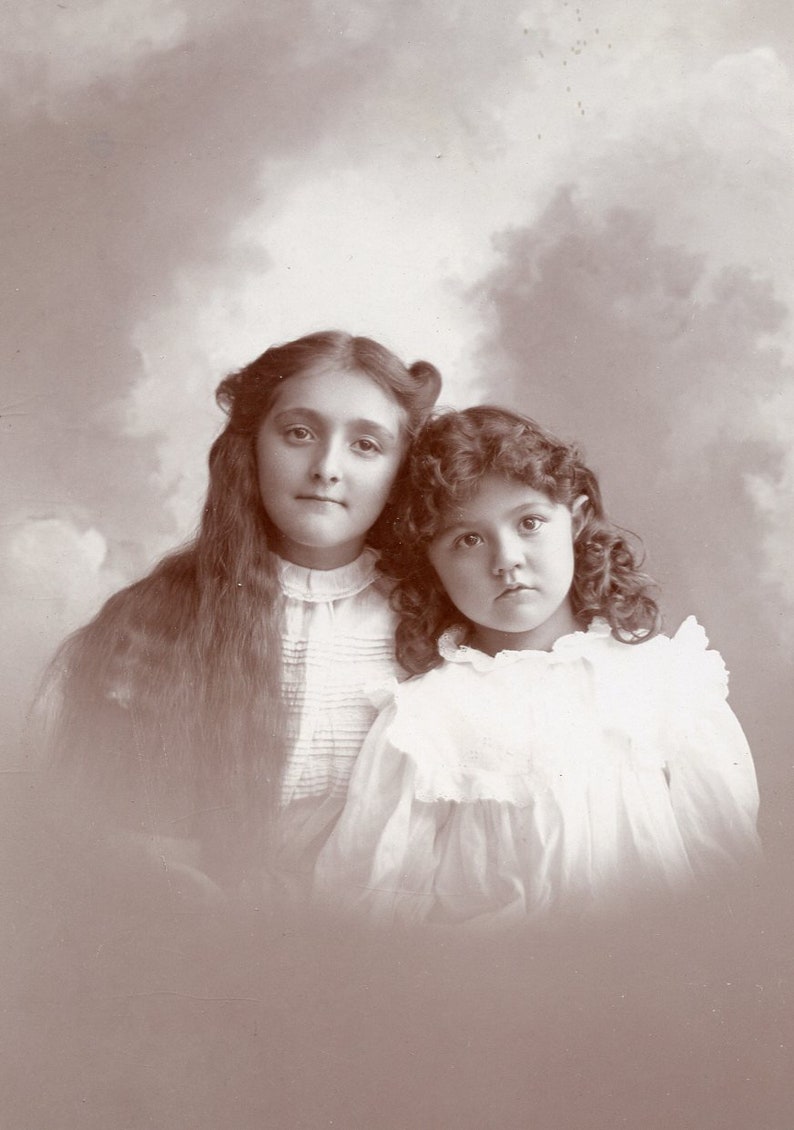 SISTERS in Adorable TENDER Portrait Identified 1890s Cabinet Photo by R. D. Brown Ithaca New York image 1