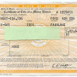1956 FORD FAIRLANE 2DR SEDAN - Vintage Historical Document Car Auto Title