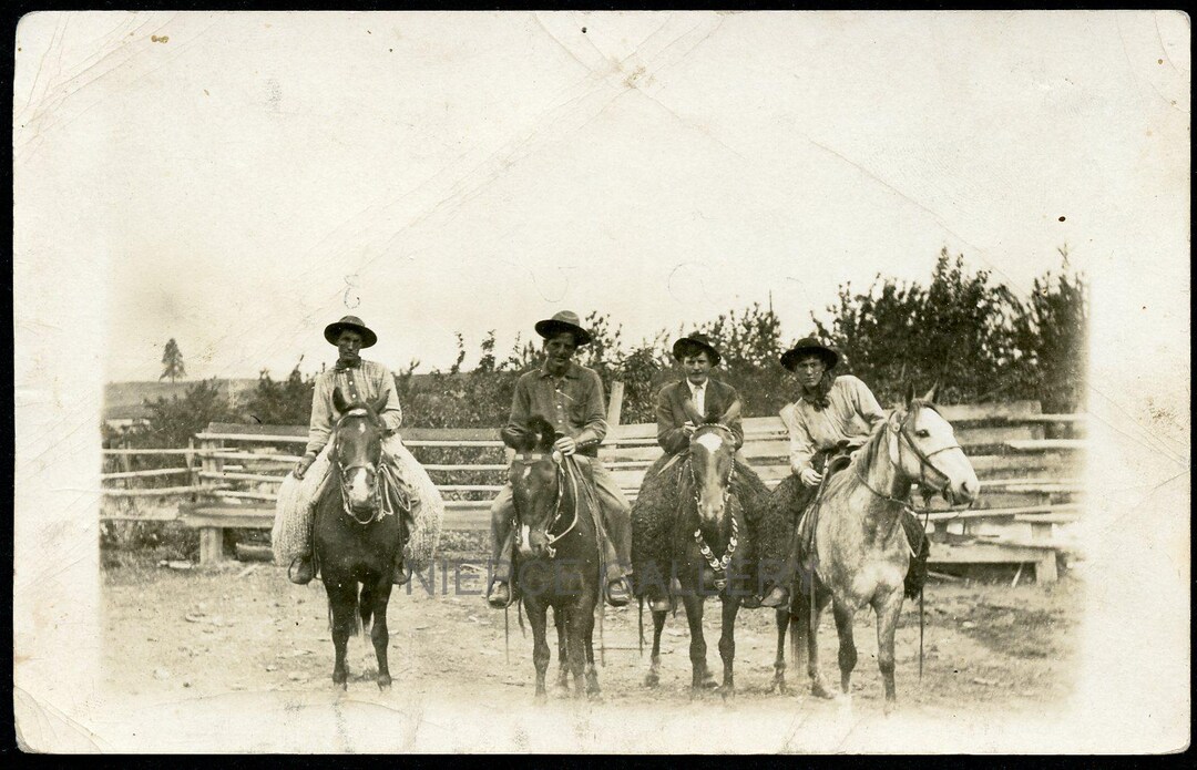 Four Cowboy Riders Four COWBOYS on HORSES Riding Towards the Camera - 1910s Original Photo ...