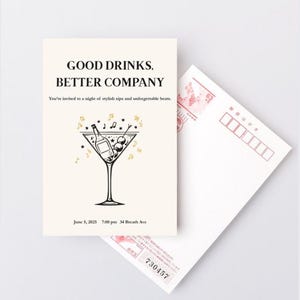 Minimalistische cocktailuitnodiging – bewerkbaar martiniglasontwerp voor elk feest