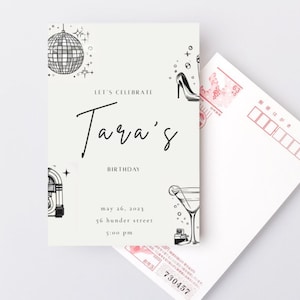 Invitación de cumpleaños estilo disco retro: plantilla editable, invitación glam para una noche de chicas o una celebración, descarga instantánea
