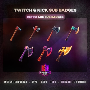 Könnte beinhalten: Eine Sammlung von sieben Retro-Axt-Sub-Badges in verschiedenen Farben, darunter Braun, Rot, Lila und Gold. Der Text "TWITCH & KICK SUB BADGES" und "RETRO AXE SUB BADGES" wird oben angezeigt. Der untere Teil des Bildes enthält "INSTANT DOWNLOAD - 72PX 36PX 18PX - SUITABLE FOR TWITCH".