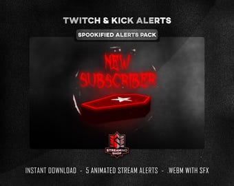 Puede incluir: Gráfico digital para alertas de Twitch y Kick. El diseño presenta un ataúd rojo con una estrella blanca y las palabras "NEW SUBSCRIBER" en neón rojo. También está presente el texto "SPOOKIFIED ALERTS PACK".