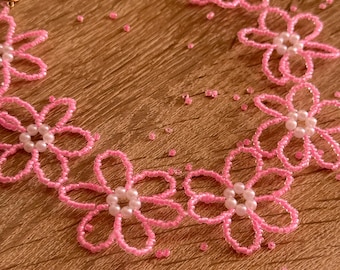 Handmade Beaded Flower Choker, Pink Blossom Y2K Necklace