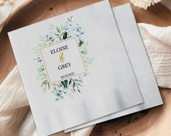 Greenery Wedding Personalized Napkins, Elegant Floral Bridal Shower