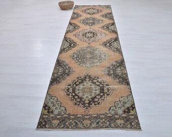3x12 Vintage Turkish Wool Runner Rug, Hallway Entryway