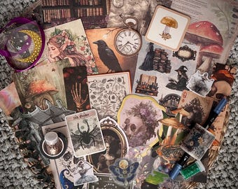 Dark Academia Witchy Ephemera Pack - Gothic Junk Journal Kit - Mushroom Fairy Halloween Collage Paper - Cottagecore Scrapbooking Supplies