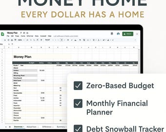 Planilha de Orçamento Base Zero para Planilhas Google – Planejador Financeiro Mensal, Rastreador de Dívidas, Baldes de Poupança | Money Home