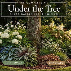 Könnte beinhalten: Ein Gartenpflanzplan mit dem Titel The Complete Kit Under the Tree Shade Garden Planting Plan. Er zeigt weiße Blumen, Farne und Laub um einen Baumstamm, beschriftet mit Moist Shade und Dry Shade. Enthält drei Größen: 1,8 m, 3 m und 4,3 m.