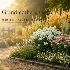 May include: A gravel path curves through a sun-drenched garden, showcasing a colourful flower bed. The image displays white, pink, and purple flowers, with golden grasses. The text "Grandmother's Garden" is visible at the top of the image.