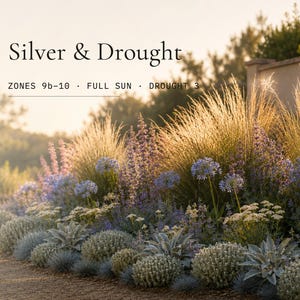 May include: A vibrant garden bed featuring a variety of drought-tolerant plants. The image showcases silver-leaved shrubs, purple and blue flowering plants, and tall ornamental grasses. Text at the top reads "Silver & Drought".