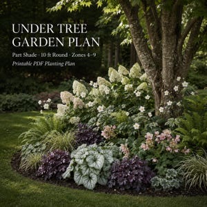 Op de afbeelding: Een tuinplan voor onder een boom, met een verscheidenheid aan planten met witte, roze en paarse bladeren. De tekst luidt "UNDER TREE GARDEN PLAN" en specificeert "Part Shade - 3.05 m Round - Zones 4-9 - Printable PDF Planting Plan."