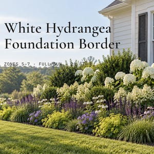 Può includere: Una bordura da giardino con ortensie bianche, salvia viola e fogliame giallo piantati lungo le fondamenta di una casa. Il testo recita: White Hydrangea Foundation Border, ZONES 5-7, FULL SUN, 20 FT.