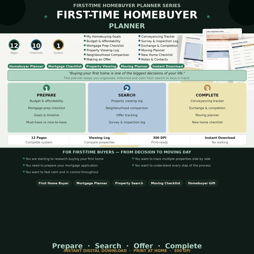 First Time Homebuyer Planner Printable | House Hunting Checklist ...