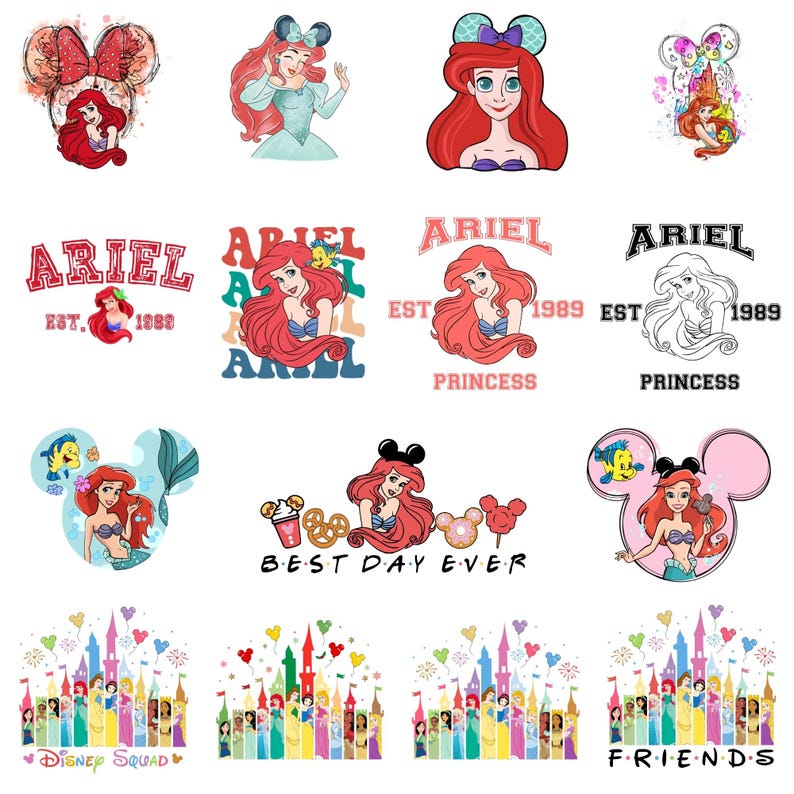 Puede incluir: Un conjunto de 12 dise&ntilde;os digitales con el personaje de Disney Ariel de La Sirenita. Los dise&ntilde;os incluyen varias im&aacute;genes de Ariel, incluyendo una silueta, una imagen de dibujos animados y un gr&aacute;fico con el texto "Ariel Est. 1989 Princess". Los dise&ntilde;os tambi&eacute;n incluyen im&aacute;genes de Ariel con orejas de Mickey Mouse, un castillo y un grupo de princesas Disney.