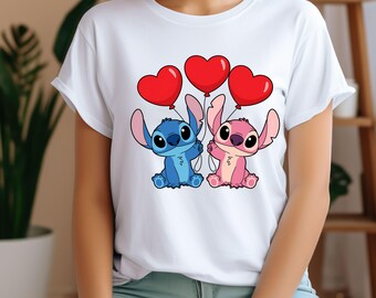 Stitch and Angel Love PNG, leuk stel met hartballonnen clipart, Valentijnsdag kawaii steeksublimatieontwerp, digitale download