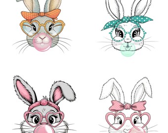 Cute Bunny Bubblegum PNG, Easter Rabbit Clipart Bundle with Glasses and Bow, Pastel Spring Rabbit Art for Sublimation, Digital Download