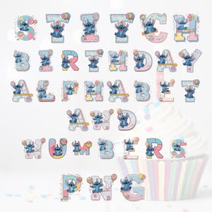 Stitch Birthday Alphabet PNG, Pastel Letter and Number Clipart, Cute Balloon Letters, Printable Birthday Font Digital Download
