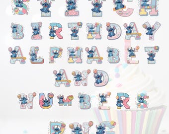 Stich Geburtstag Alphabet PNG, Pastell Buchstaben und Zahlen Clipart, niedliche Ballon Buchstaben, druckbare Geburtstagsschrift Digitaler Download