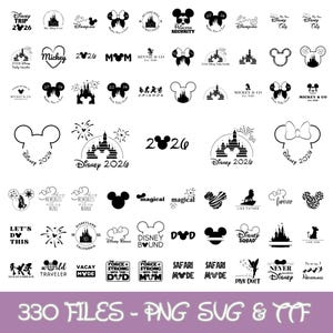 May include: A collection of black and white Disney-themed graphics, including Mickey Mouse silhouettes, castle illustrations, and text such as "Disney 2026" and "Disney Bound." The image also includes the text "330 FILES - PNG SVG & TTF."