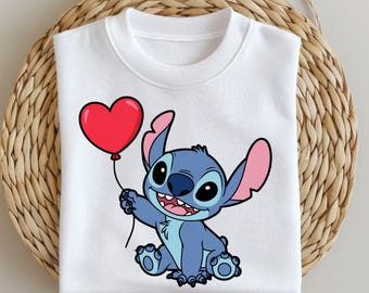 Cute Stitch with Heart Balloon PNG, Valentine Style Digital Clipart for Sublimation, Kawaii Alien Love Design for Print, Instant Download