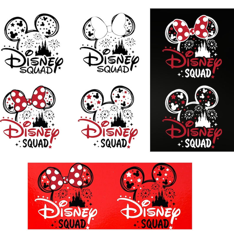 Pu&ograve; includere: Sei diversi design di una grafica Disney Squad che presenta le orecchie di Topolino con un castello e fuochi d'artificio. I design includono combinazioni di colori bianco e nero, rosso e bianco e rosso e nero.