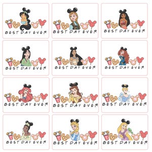 Best Day Ever Princess PNG Bundle, 12 Mouse Ears Snack Cliparts, Cute Foodie Castle Girl Set, Cartoon Style Art, Instant Digital Download