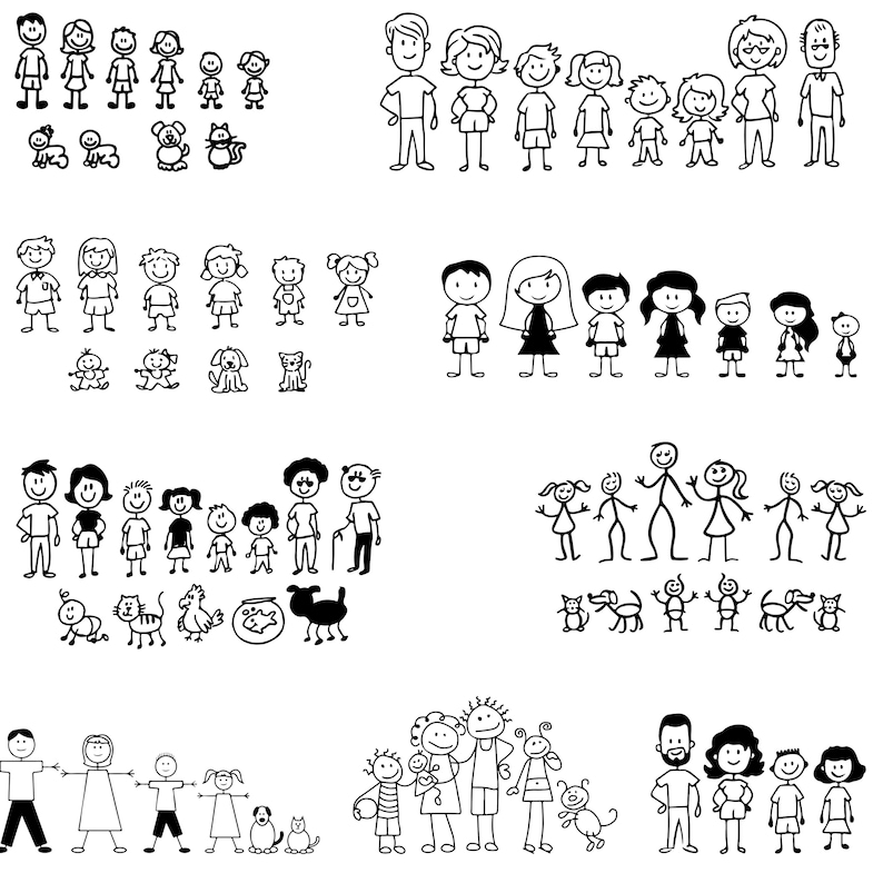 May include: Black and white line drawings of families and pets. Various family configurations are depicted, including parents with children, and single-parent families. Pets include dogs, cats, and fish.