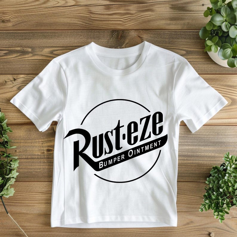 May include: White t-shirt with a black circle logo that says "Rust-eze Bumper Ointment".