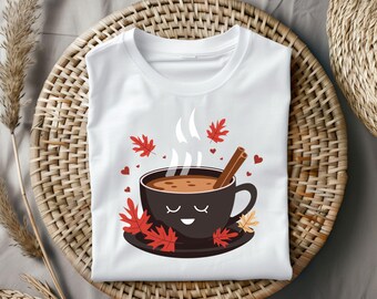 Cute Fall Hot Chocolate PNG, Autumn Mug Sublimation Clipart, Cozy Cocoa Cup with Leaves and Cinnamon Stick, Digital Download PNG