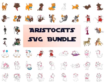 May include: A set of 50 digital cut files featuring characters from the animated film The Aristocats. The images include the cat family, the alley cat, the mice, and the horse. The text "ARISTOCATS SVG BUNDLE" is displayed in the centre of the image.