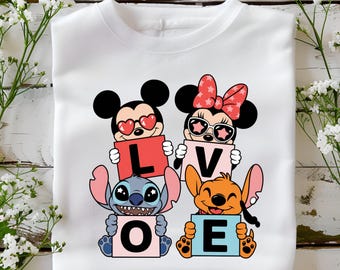 Mickey Minnie Stitch Angel LOVE PNG, Valentine Cute Cartoon Clipart, Heart Glasses Sublimation Design, Mouse Love Block Digital Download