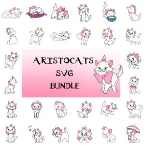 Peut inclure: Un ensemble de 20 fichiers de découpe numériques représentant différentes poses des personnages des Aristochats. Les personnages sont des chats blancs avec des nœuds roses et sont dans différentes poses, y compris assis, debout et couchés. Le texte "ARISTOCATS SVG BUNDLE" est affiché au centre de l'image.