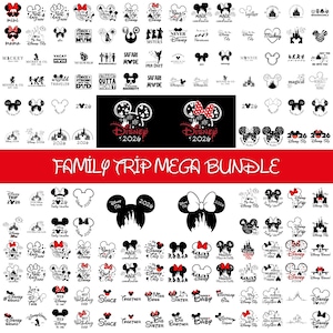 May include: A collection of Disney-themed graphics, including Mickey Mouse ears, bows, and castle silhouettes. The designs feature text such as "Disney 2026" and "Family Trip Mega Bundle". The color scheme is primarily black, white, and red.